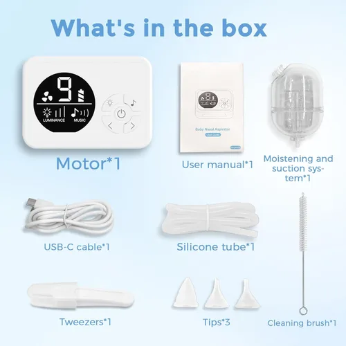 Miniatura 7 de Aspirador nasal para bebé, chupón de nariz con 9 niveles de succión, succión eléctrica de mocos, luz nocturna de 3 niveles y función calmante