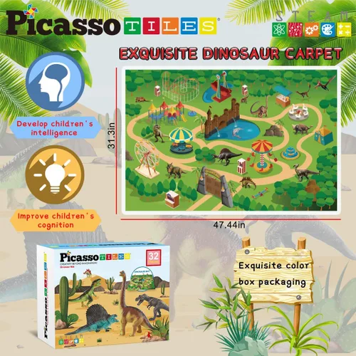Miniatura 8 de PicassoTiles Juguetes de dinosaurio con tapete de juego de 32 piezas, juego de dinosaurios, kit de aprendizaje de actividades STEAM con libro Juego