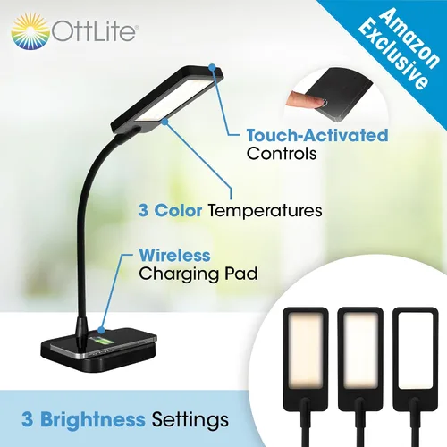 Miniatura 2 de Ottlite ClearSun - Lámpara LED de escritorio con carga inalámbrica, 3 modos de temperatura de color, cuello de cisne flexible, lámpara de tareas