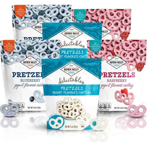 Hayden Valley Foods Surtido de pretzels cubiertos de yogur con sabores variados | Bolsas de 5 oz (Paquete de 6) | Frambuesa, arándano y vainilla |