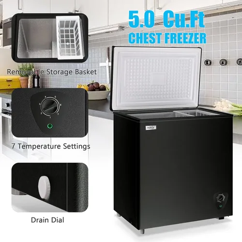 Miniatura 4 de Congelador de Pecho 5.0 Pies Cúbicos Pequeño Congelador Profundo Negro Puerta Superior Mini Congelador con Canasta Removible, Bajo Ruido, 7 5.0 NEGRO