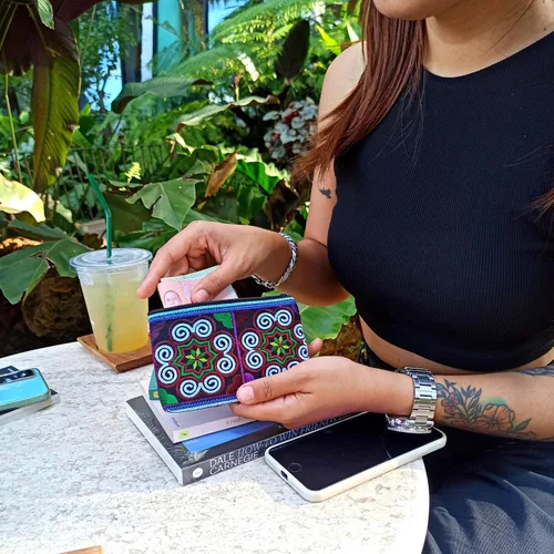 Miniatura 7 de Sabai Jai Monedero bohemio bolsa pequeña bordada hecha a mano para mujer, colorido, étnico, ecológico y sostenible