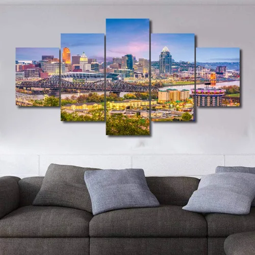 Miniatura 2 de TUMOVO Fotos en lienzo de Estados Unidos, Cincinnati, Ohio, Skyline at Dusk para tu sala de estar, impresiones de paisaje urbano de rascacielos