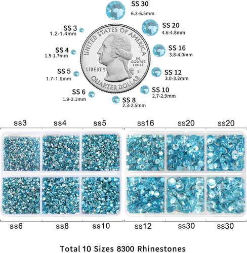 Miniatura 4 de Beadsland 8300 diamantes de imitación con parte trasera plana, diamantes de imitación redondos de cristal azules para manualidades, mezcla de 10