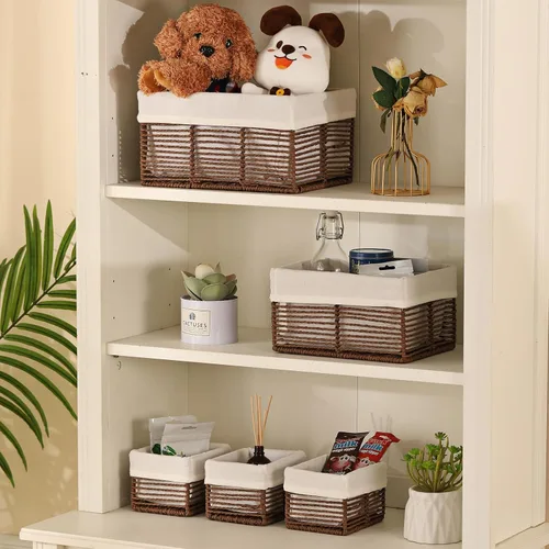 Miniatura 4 de Vagusicc Cesta de almacenamiento de mimbre, cesta de cuerda de papel tejida a mano, cesta rectangular pequeña para organizar, contenedor de Beige