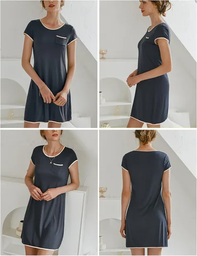 Miniatura 4 de Ekouaer - Vestido de dormir de mujer, camisón de manga corta con parches de satén, con bolsillos