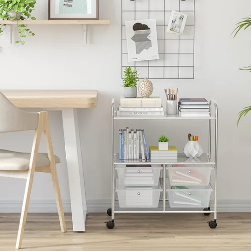 Miniatura 2 de RELAX4LIFE Carrito de almacenamiento rodante con 4 cajones y 2 estantes, organizador de archivos de papel con marco de metal para oficina en casa