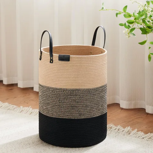 Miniatura 17 de VIPOSCO Cesta alta para ropa sucia, cesta grande para ropa sucia con mango de cuero, cesta de almacenamiento de cuerda tejida para manta, juguete