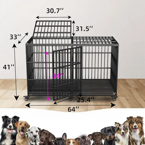Miniatura 3 de Jaula extra grande para perros grandes, jaula resistente de 64 pulgadas, perrera indestructible para perros de alta ansiedad, ruedas con cerradura