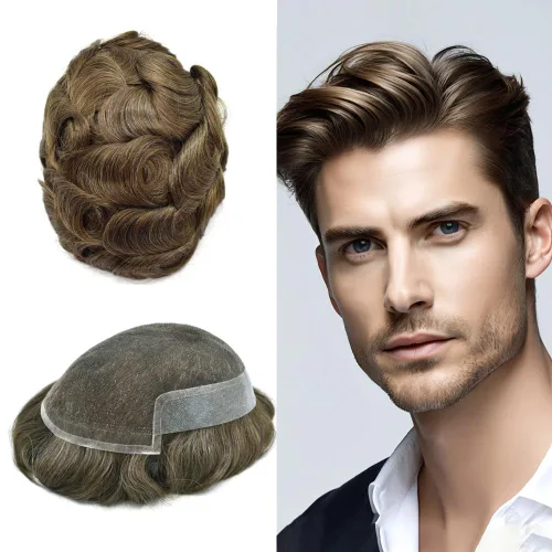 Miniatura 164 de Sistema de repuesto de cabello humano europeo con encaje frontal suizo para hombre, tupé para hombre, pieza de cabello, nudo blanqueado, línea #17