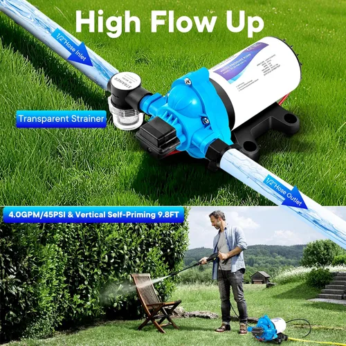 Miniatura 2 de Heuyrao Bomba de agua para caravana de 12 V CC, silenciosa, 4.0 GPM 45 PSI, diafragma autocebante de 3 cámaras, bomba de presión de agua dulce