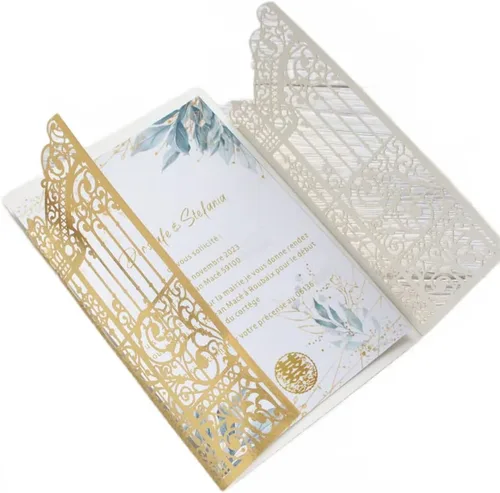 MillaSaw Invitación de puerta dorada metálica para boda, matrimonio, quinceañera, sirena, aniversario, 25 juegos (oro metálico, 4.9 x 7.1 pulgadas)
