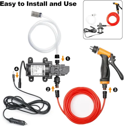 Miniatura 5 de Bomba de hidrolavadora eléctrica inteligente portátil de 100 W, 160 PSI, 12 V, potente kit de lavado de presión portátil con manguera de PVC de 21.3