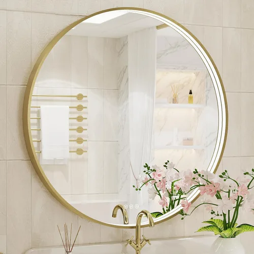 Miniatura 35 de Espejo de baño LED de 24x32 pulgadas con luces, espejo LED con marco de metal negro para baño, 3 colores y luz regulable sin escalones montada