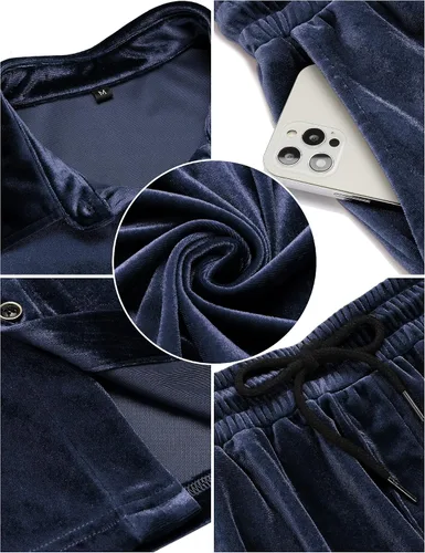 Miniatura 5 de LecGee Conjunto de pantalones cortos casuales de verano para hombre, camisa de terciopelo de manga corta con botones, pantalones cortos de cintura