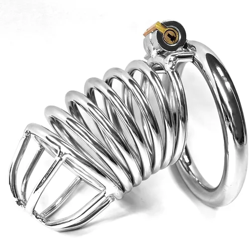 RZY Jaula de metal de acero para polla masculina, dispositivo de castidad masculina, jaula bloqueada, juguete sexual para hombres (3 anillos) (plata