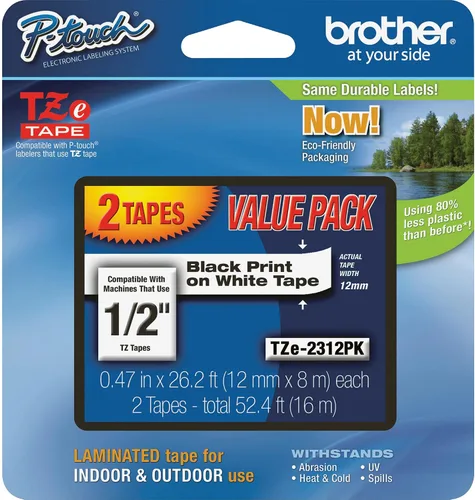 Brother P-Touch auténtica, TZe-231, cinta en paquetes de 2 unidades (TZE2312PK) de ½” (0.47”) x 26.2 pies (8m) 2 unidades (Paquete de 1) Cinta
