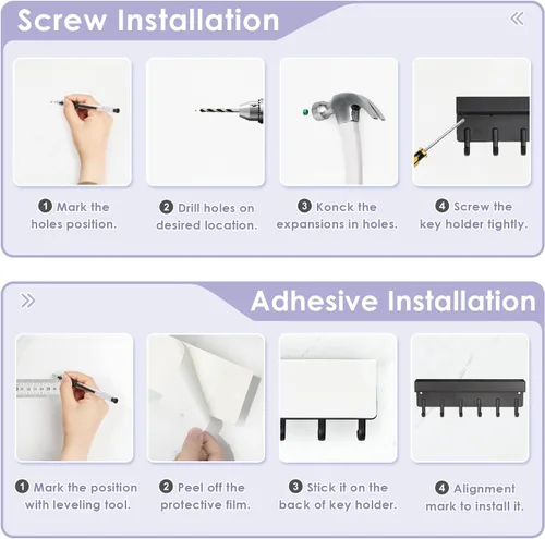 Miniatura 8 de VIS'V Soporte para llaves de pared, soporte adhesivo compacto para llaves con bandeja, 6 ganchos, 2 opciones de montaje, negro