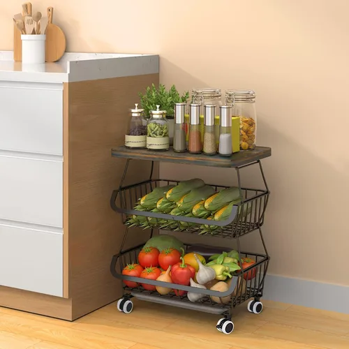 Miniatura 5 de Cestas apilables de almacenamiento de cocina con mesa de metal para frutas, verduras, estante organizador, carrito rodante para cocina, despensa