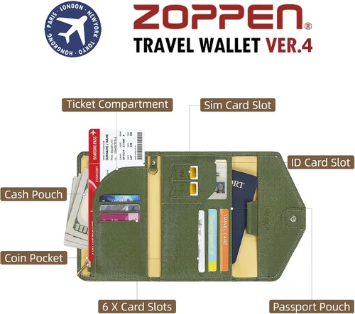 Miniatura 159 de Zoppen - Billetera de viaje con bloqueo RFID multiusos (Ver.4) Portatarjetas de pasaporte y vacunas, organizador de documentos de tres pliegues