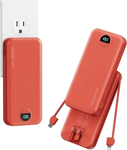 Miniatura 16 de Cargador ultraportátil de 10000 mAh con cables integrados y enchufe de pared de CA, cargador de teléfono celular de carga rápida PD20W USB-C, Púrpura