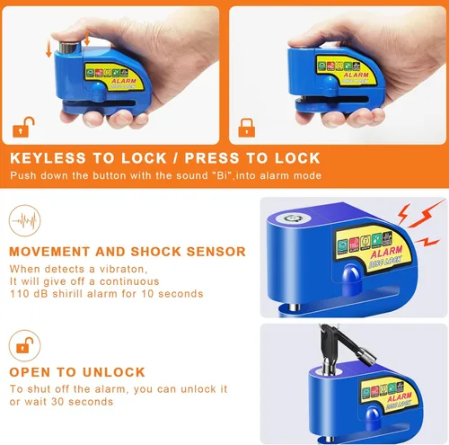 Miniatura 4 de Bloqueo de freno de disco de alarma para motocicleta, cerraduras de motocicleta, antirrobo, bloqueo de disco de seguridad, impermeable, 110 dB, Azul