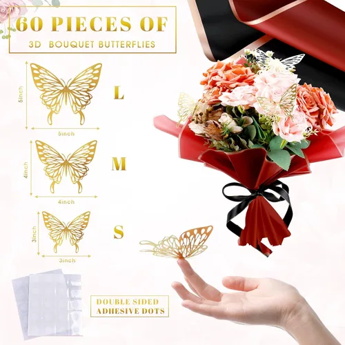 Miniatura 3 de Outus 60 hojas de papel de regalo para ramo de flores, para el Día de la Madre, impermeable, con 60 mariposas 3D, 100 alfileres de flores, 2 rollos