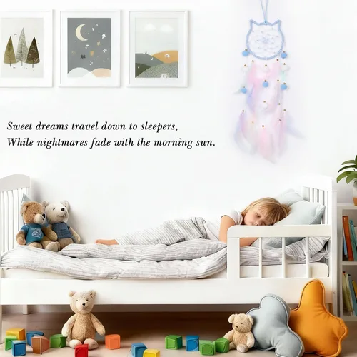 Miniatura 6 de Pretty Jolly - Atrapasueños azul de gato para niños, decoración de pared con pompones y plumas, atrapasueños hecho a mano para niños, decoración