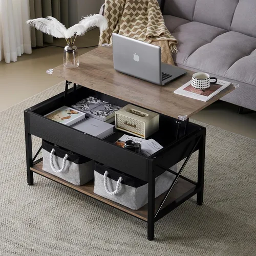 Miniatura 8 de VINGLI Mesa de centro elevable de 36" con contenedores de almacenamiento de tela gratis, mesas de centro negras rústicas de granja para sala