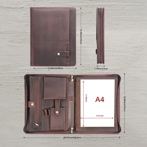 Miniatura 3 de AZXCG Portafolio de cuero para hombre, hecho a mano, con cremallera, organizador de documentos de negocios para cuaderno tamaño carta A4, funda