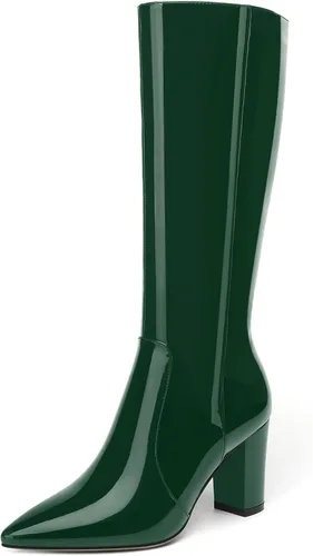 Miniatura 29 de AMBELIGHT Botas altas hasta la rodilla con cremallera y puntera puntiaguda para mujer, de patente sólida, tacón alto, 3.3 pulgadas