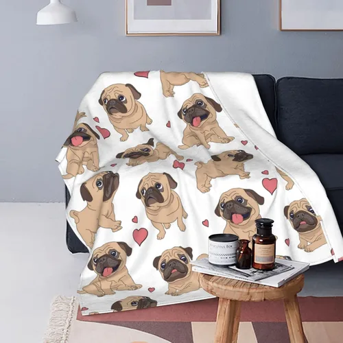 Manta de perro con diseño de cachorro de carlino, manta de cama suave, ligera y acogedora manta de forro polar de franela de felpa para sofá o