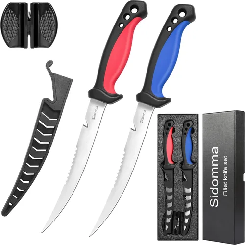 Sidomma Juego de 2 cuchillos de filete de pesca de acero inoxidable de 6.5 pulgadas para filetear, equipo de pesca, juego de herramientas de pesca,