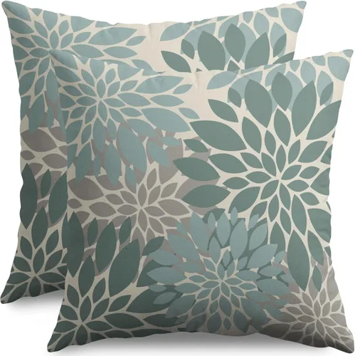 Fundas de Almohada Azul Aguamarina 16X16 Pulgadas Juego de 2, Flores de Dalia Primavera Verano Floral Crema Fundas de Almohada Decorativas para