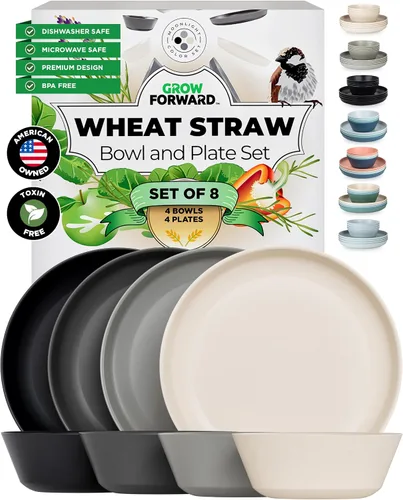 Miniatura 9 de Grow Forward Juego de platos y cuencos de paja de trigo de alta calidad, 8 piezas, platos de paja de trigo irrompibles y reutilizables, aptos