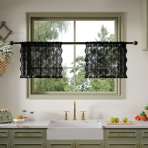 Cortinas de encaje vintage Anmao para cocina de 18 pulgadas de largo, 2 paneles, cortinas románticas semi transparentes florales sobre el fregadero,