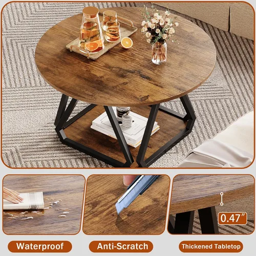 Miniatura 5 de Mesa auxiliar redonda, mesa central de 2 niveles de 31.5 pulgadas con estante de almacenamiento, mesa de centro de madera redonda rústica moderna