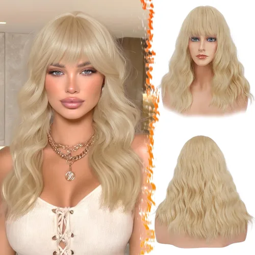 Miniatura 46 de BARSDAR Peluca rubia corta ondulada con flequillo, pelucas cortas onduladas de 14 pulgadas para mujer, pelucas sintéticas suaves hasta el hombro