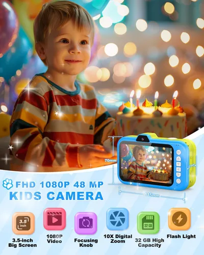 Miniatura 3 de Cámara para niños Uffylle, selfie frontal de 1080P 48MP, cámara de juguete para niños pequeños con pantalla grande de 3.5 pulgadas, zoom 10X