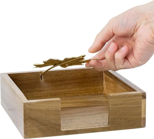 Miniatura 6 de MyGift Servilletero de mesa de madera de acacia de alta calidad, dispensador de servilletas cuadrado rústico con brazo decorativo de hoja de arce