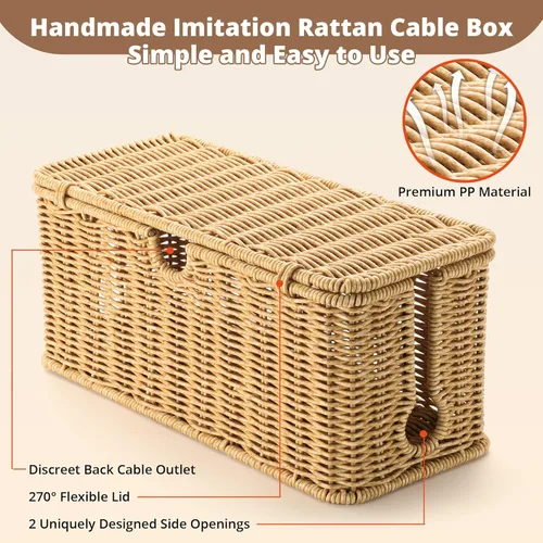 Miniatura 5 de Caja de Gestión de Cables Hecha a Mano Marrón, Organizador de Cables de Ratán de Imitación Caja Ocultadora de Cables, Caja Organizadora de Cables