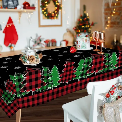 Miniatura 3 de pinata Mantel de Navidad de 60 x 84 pulgadas, mantel rectangular con árboles de Navidad, cuadros búfalo negro oblongo de invierno, Navidad y copos