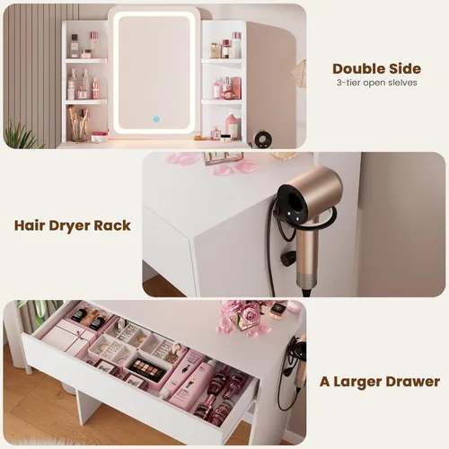 Miniatura 7 de HAIOOU Escritorio pequeño con espejo y luces, escritorio de maquillaje con cajón de almacenamiento, tocador compacto con estante abierto de 3 Blanco