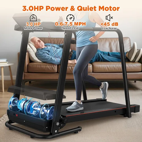 Miniatura 3 de Caminadora para personas mayores con pasamanos largos, control de aplicación y escenas virtuales 3D - Motor silencioso de 3.0 HP, capacidad de 300