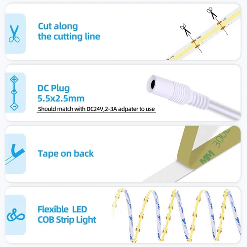 Miniatura 6 de Luces de tira LED 24V COB LED Blanco cálido 3000K Súper brillante tira LED 16.4 pies 5M sin puntos de alta densidad Corta y flexible para proyectos