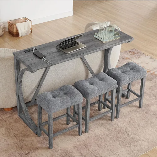 Miniatura 17 de Juego de mesa de bar industrial de 59" de 4 piezas con toma de corriente incorporada, mesa de sofá detrás del sofá con 3 taburetes tapizados