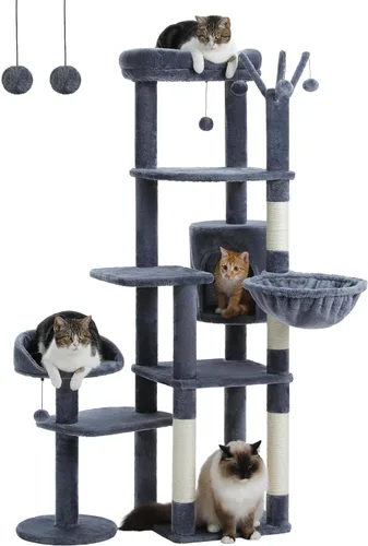 Miniatura 11 de MUTTROS Árbol gótico para gatos de 59 pulgadas con cama de ataúd, torre negra para gatos de interior con amplio condominio para gatos y hamaca