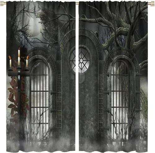 Miniatura 47 de Cortinas góticas con diseño de luna de Halloween, historia, puerta espeluznante, fondo de terror, vela, ficción, patrón de impresión, sala de estar