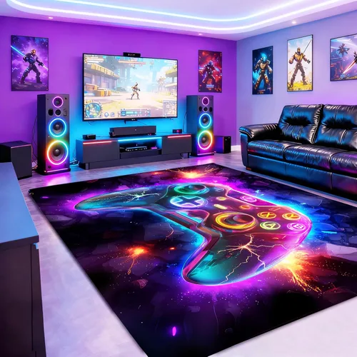 Miniatura 14 de Alfombra de área de juegos neón de 3 x 5 pies para habitación de niños, alfombra colorida de control de juegos para decoración de habitación