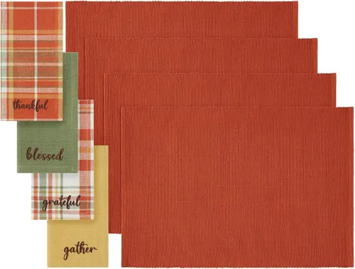 Elrene Home Fashions Harvest Sentiments - Juego de 4 servilletas de tela y 4 manteles individuales acanalados, grande, multicolor, 8 piezas